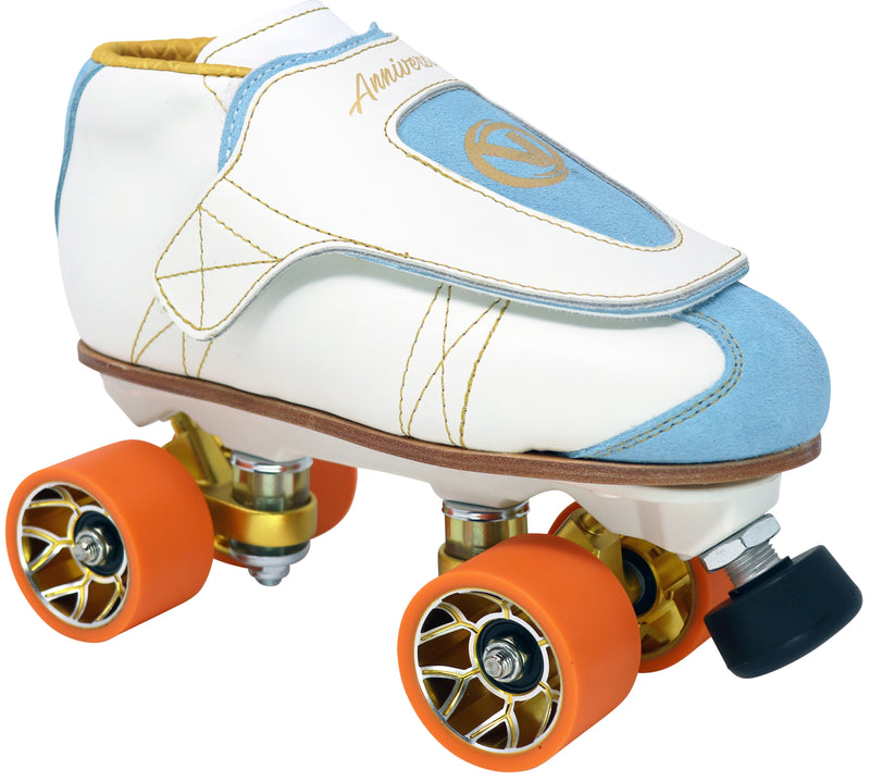 Vanilla Anniversary with Astro wheels. White leather skate with blue suede accents and orange aluminum hub wheels. 