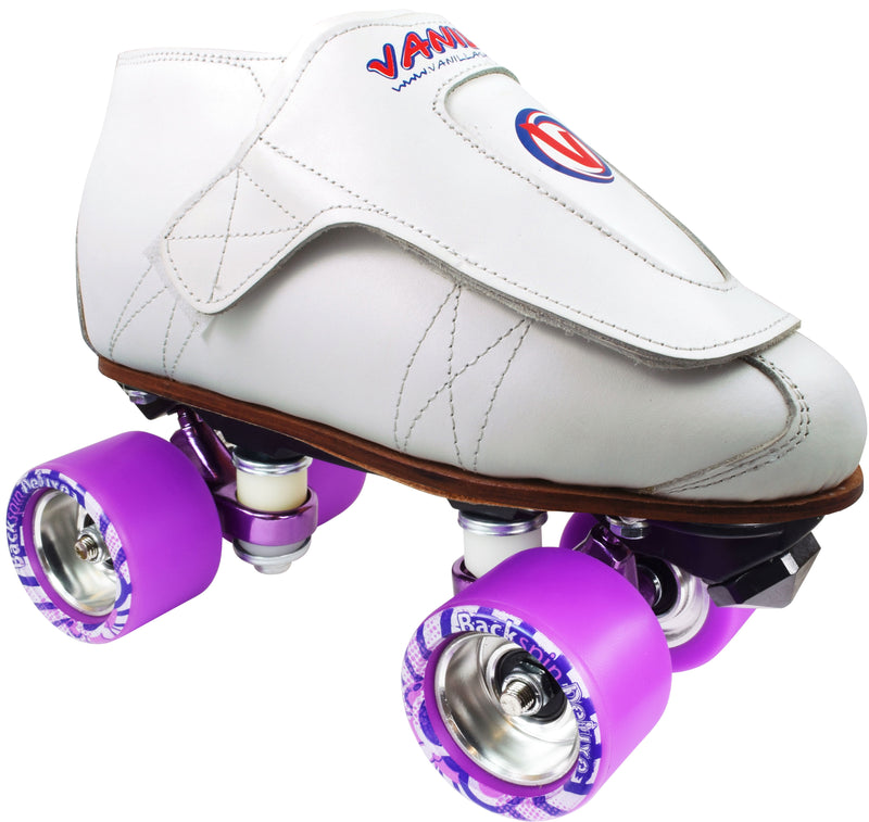 White Freestyle with black gorilla plates and purple wheels.